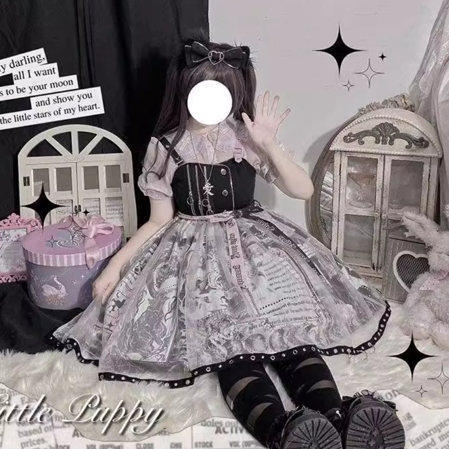 SEASONZ ジャンパースカート ゴスロリ アニメプリント柄 レース レイヤード 原宿スタイル ダークファッション