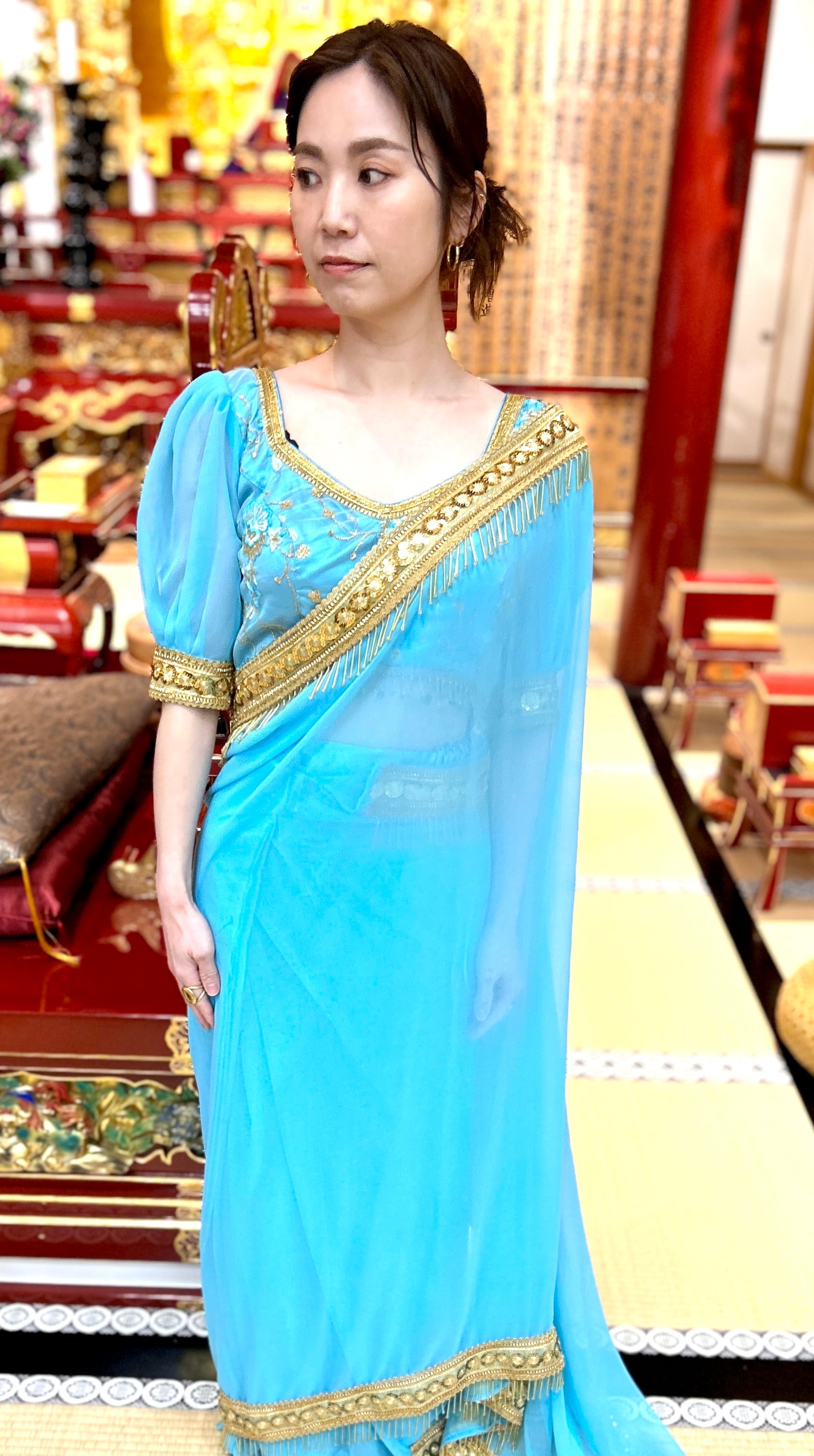 レンタル専用 】簡易型サリー水色（チョリ・ペチコート付き） | Saree