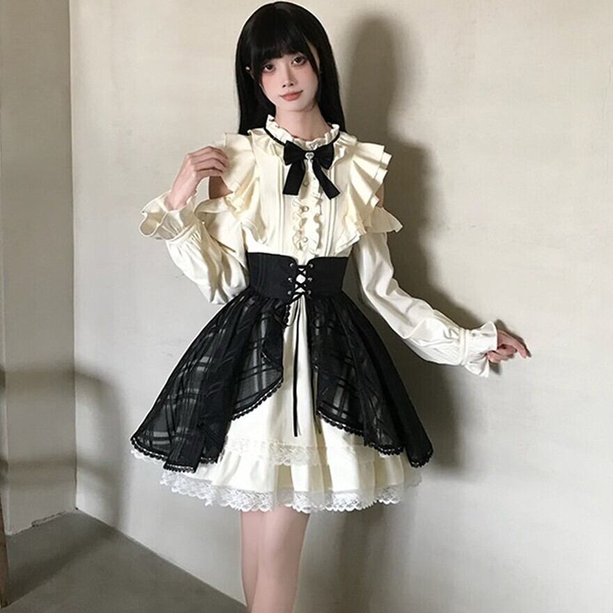 クラシカルロリータ ワンピース オープンショルダー フリル リボン