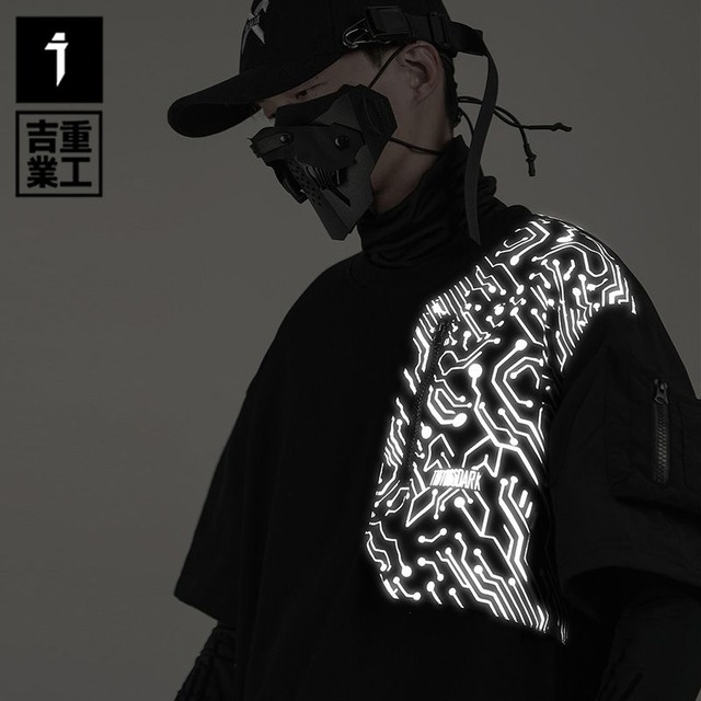 ゴスロリ通販 With U Tシャツ 半袖 サイバーパンク 反射 基盤 ジッパー ストリート系 パンク サイバー系 かっこいい クール ゴスロリ服 病み服
