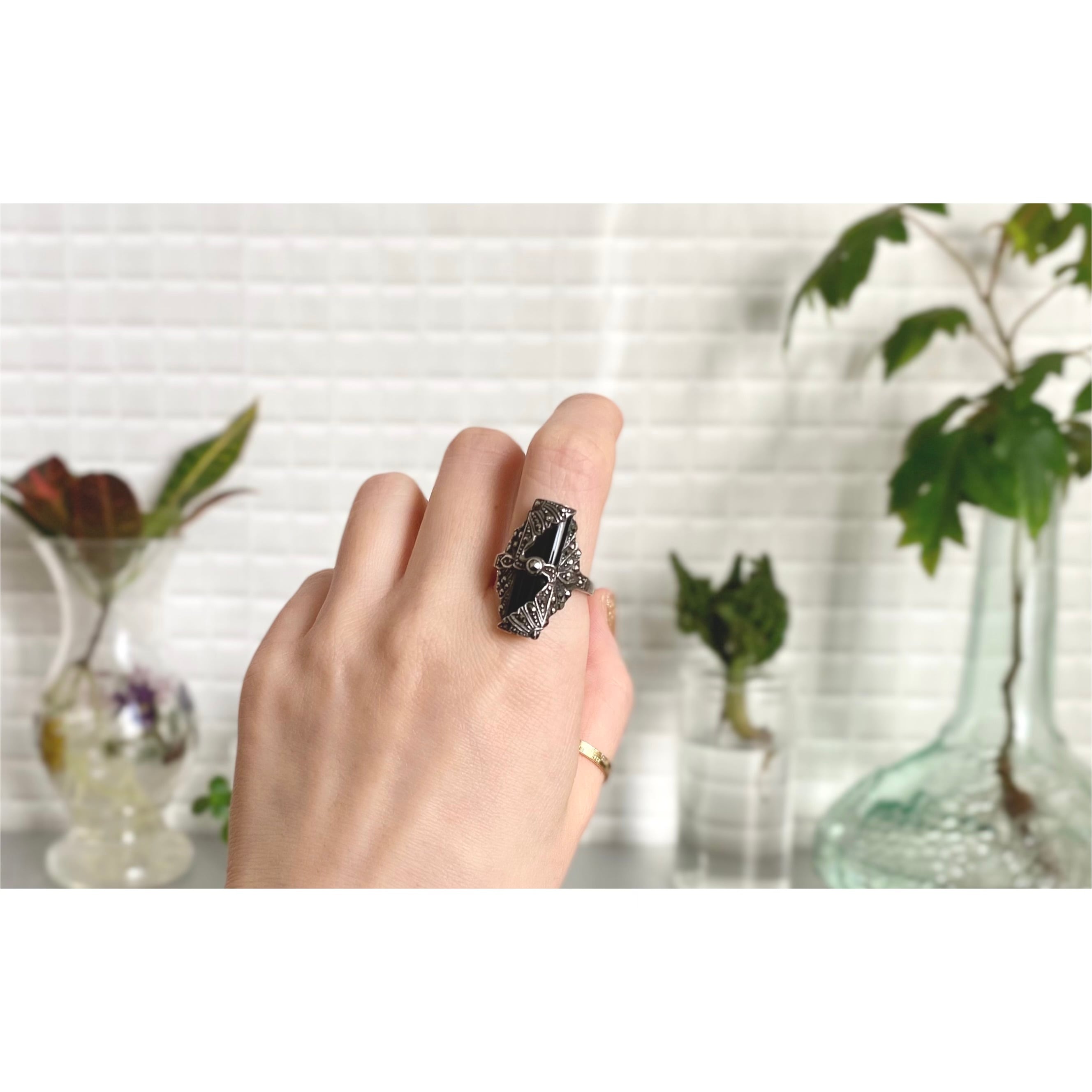 Vintage 70〜80s USA silver 925 onyx × marcasite classical ring 