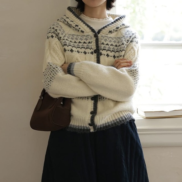 ノルディックフードニットカーディガンL00406