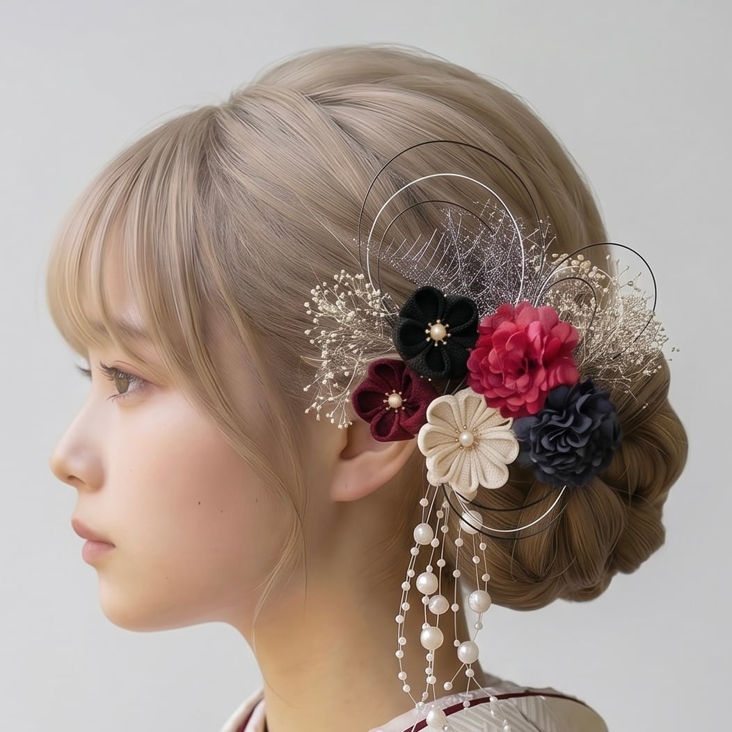 A630 つまみ細工 黒 ボルドー 髪飾り 浴衣 成人式 卒業式 前撮り 結婚式 水引
