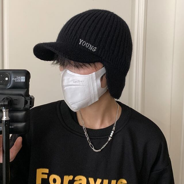 【予約販売】ニット帽 キャップ メンズ ブラック 黒 耳当て ストリート アウトドア シンプル カジュアル 防寒 ダンス ヒップホップ キャスケット イヤーマフ こなれ感 お洒落 韓国 トレンド