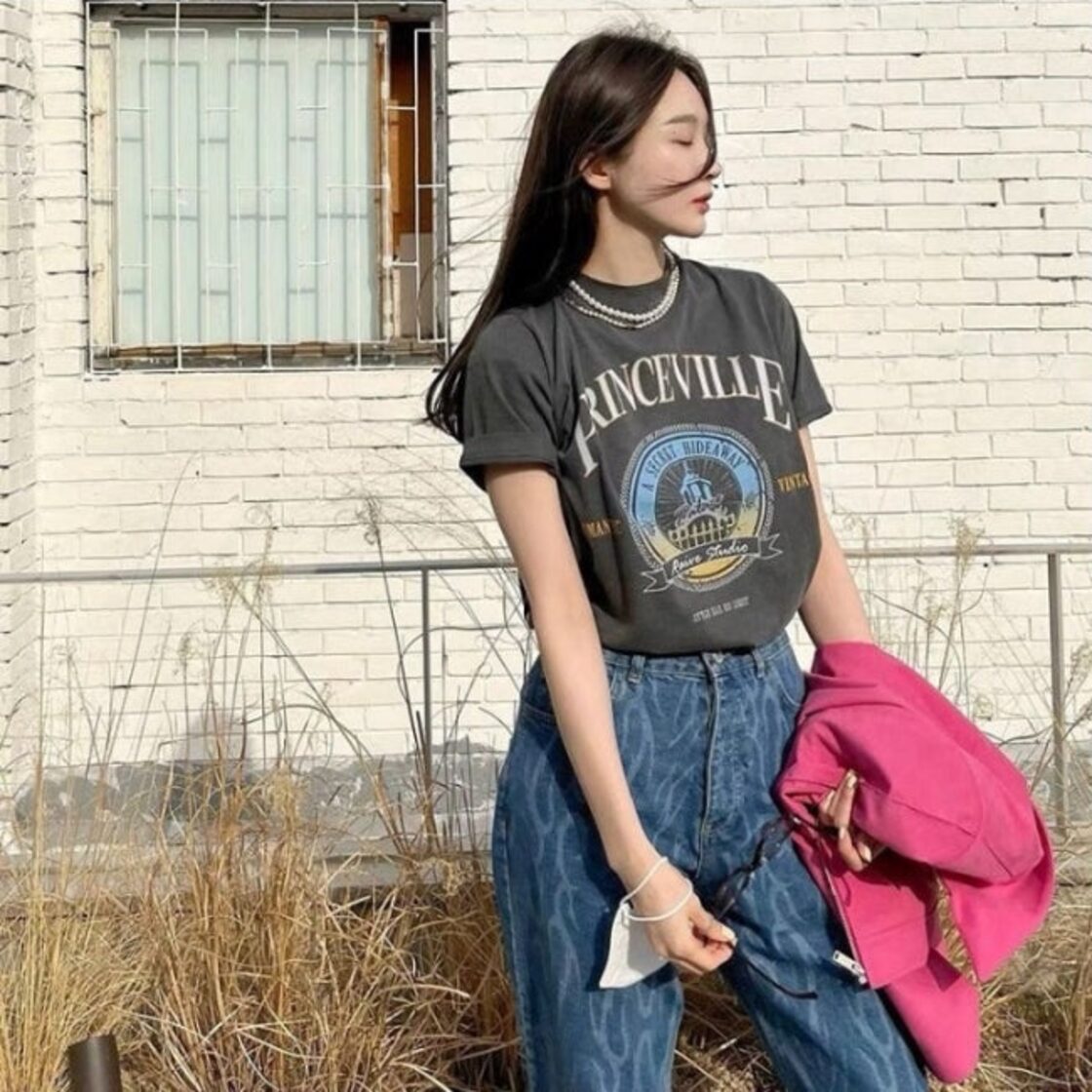 Tシャツ レディース 韓国 ロゴ グラフィック T 半袖 グレー オーバー 