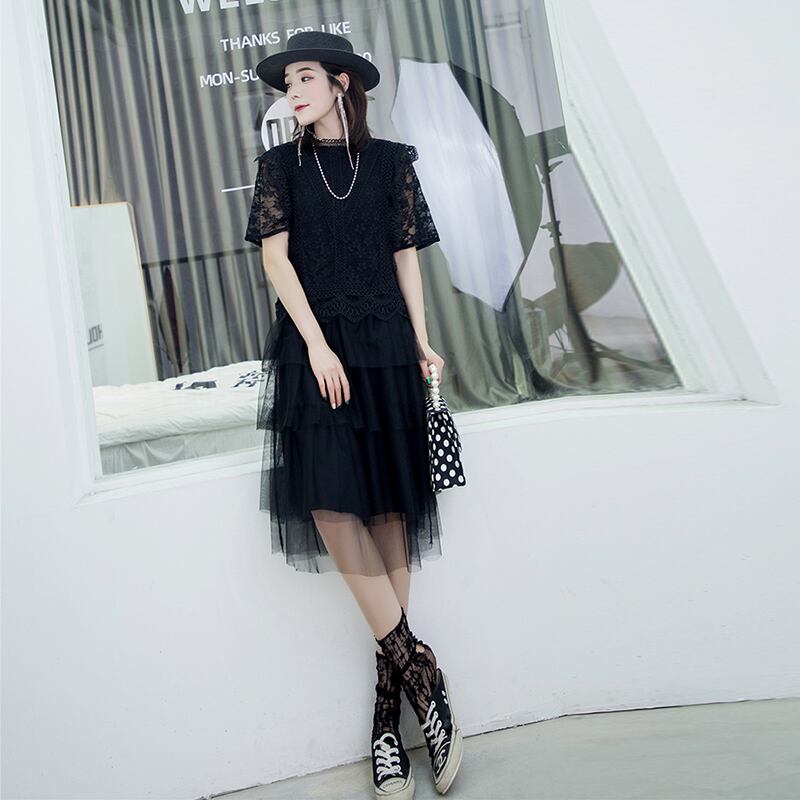 サマースタイル薄手レーススカート ラウンドネックブラックドレス 大きめサイズ 夏物 Oネック ミックスインファッション36327119579
