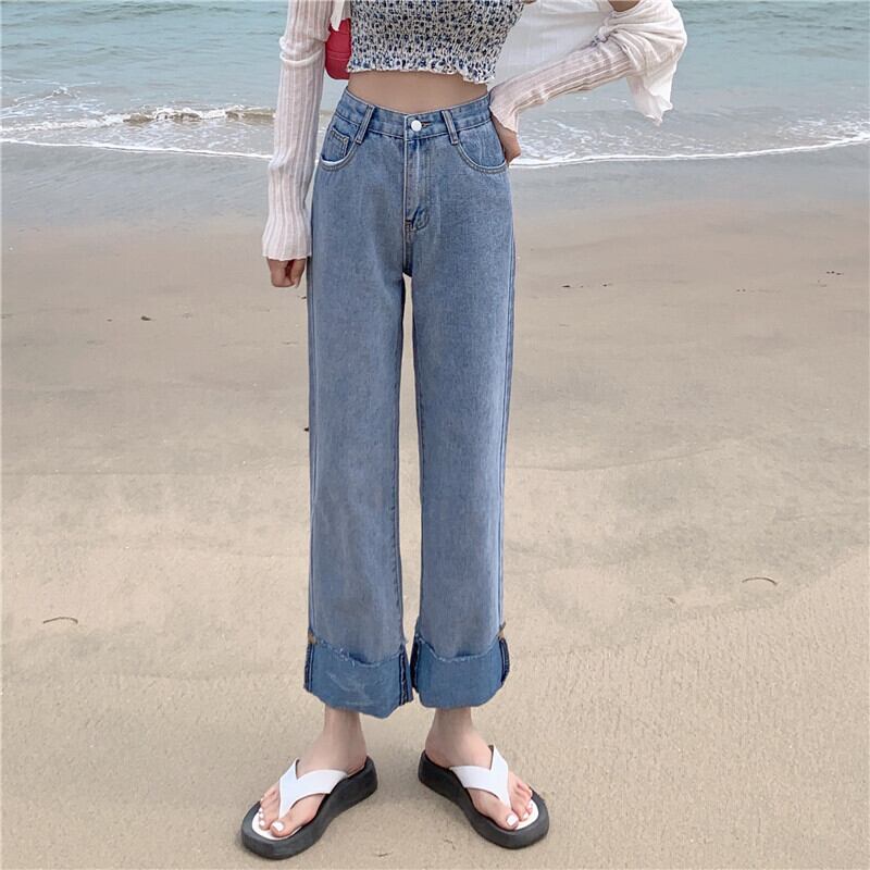 ハイウェストウェストパンツ ワイドレッグサマージーンズ 薄手ブルーレディース 夏物 ワイドパンツ YY-ファッション15725383094