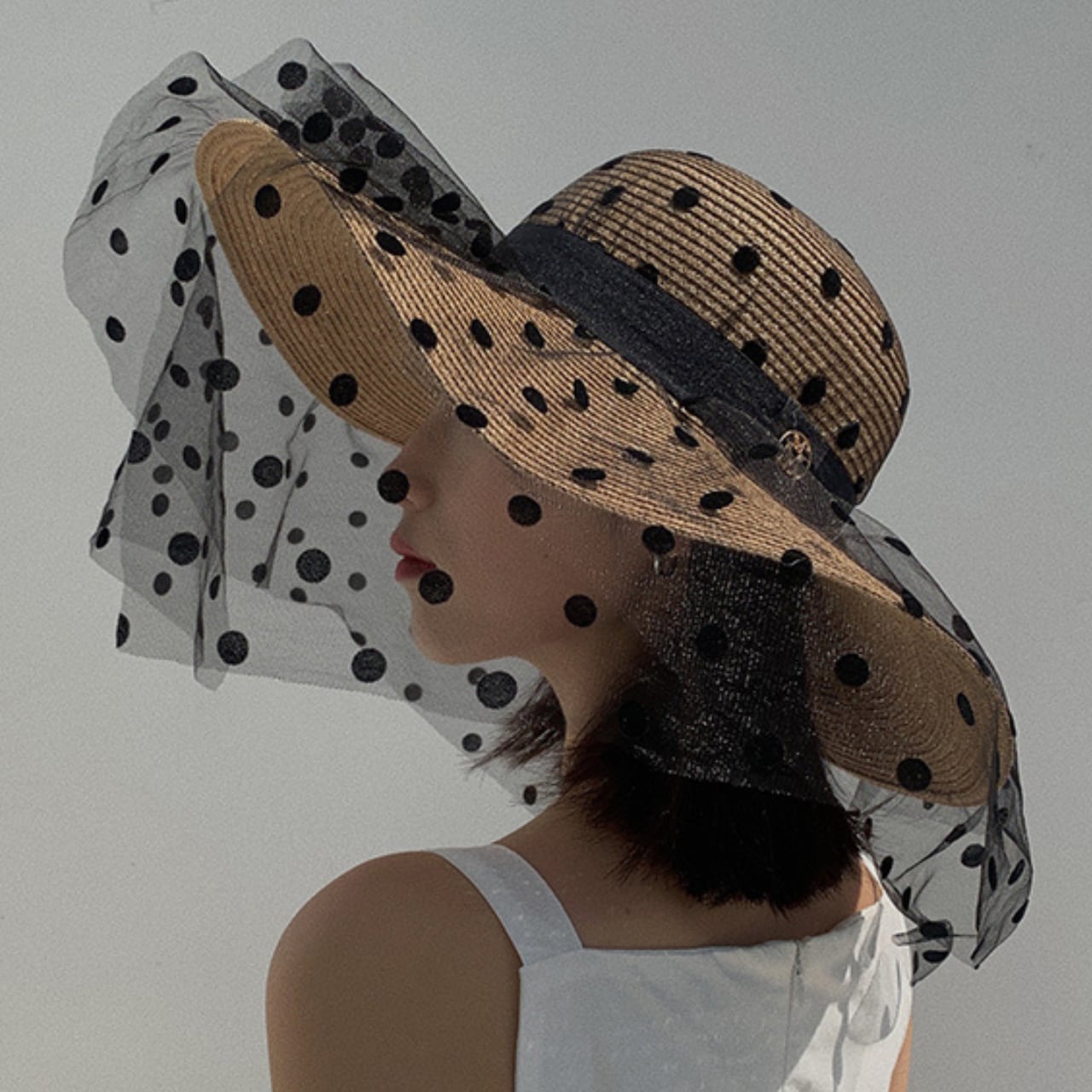 Tulle polka dot wide brim hat in 2 colors S1130