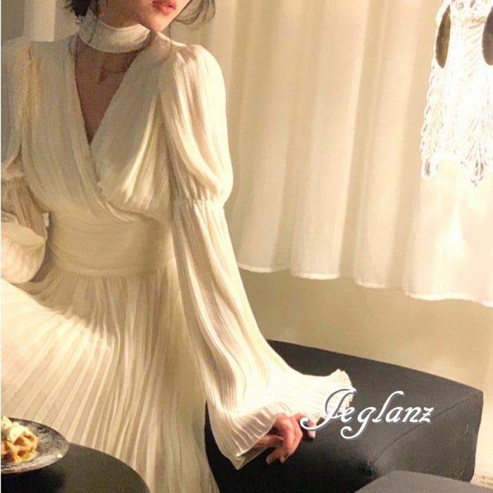 上品 プリーツ ワンピース ボリューム袖 共ベルト 細見え 2色 ♪ (M9160)ζ