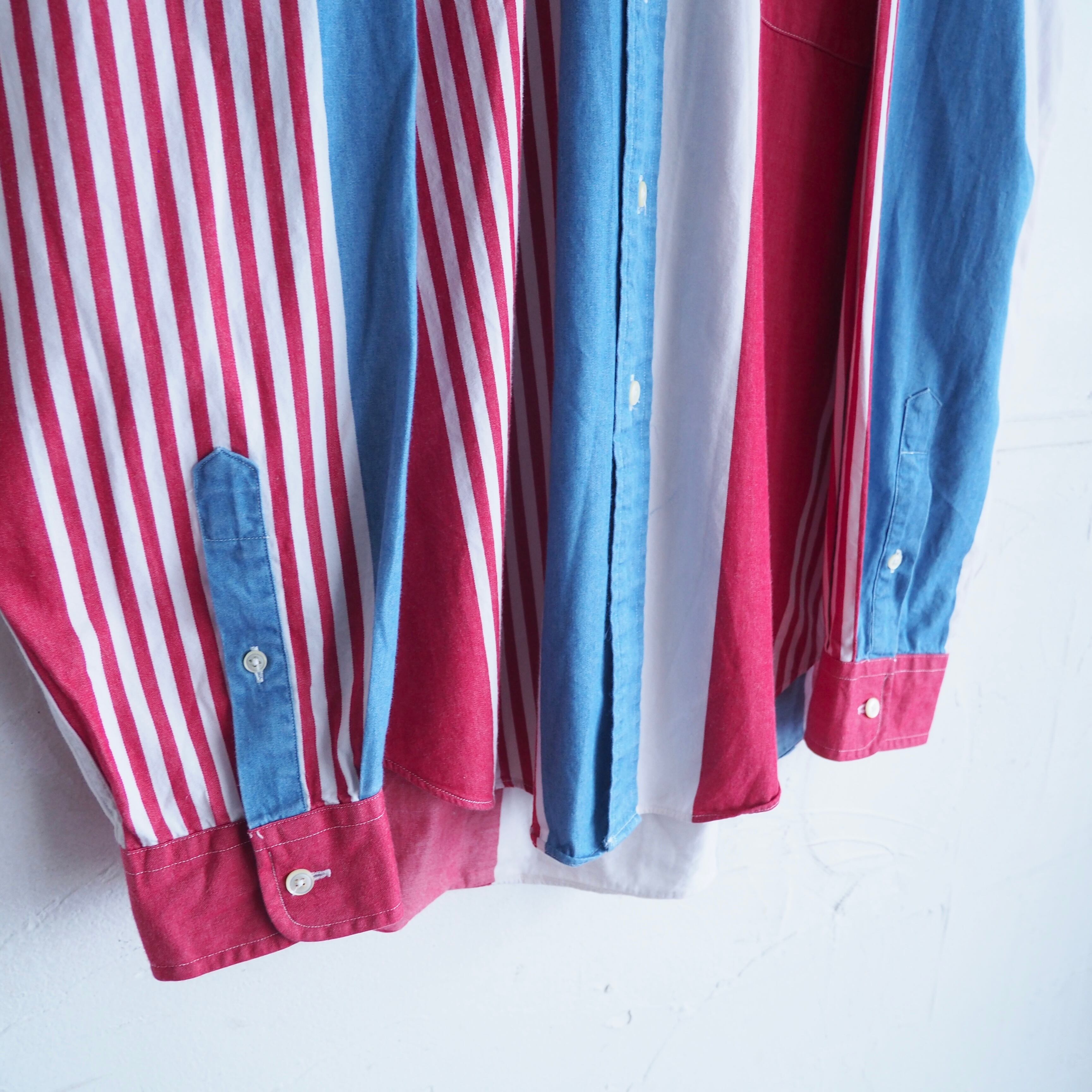 1990s ” Nautica ” tricolor color stripe pattern button down shirt (made in Usa)