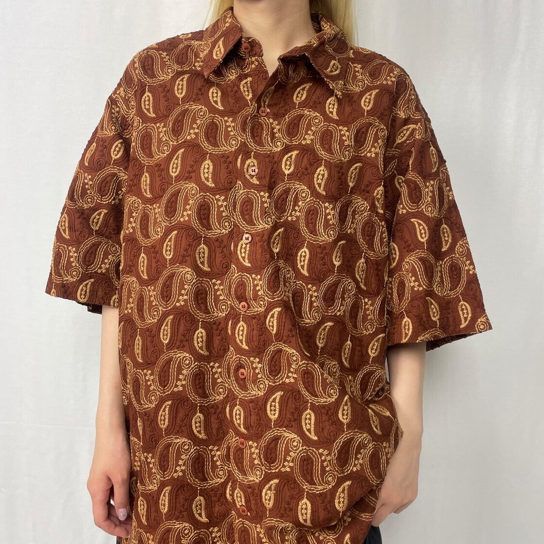 総刺繍 ペイズリー柄 コットン 総柄シャツ メンズXL相当 古着 ブラウン 
