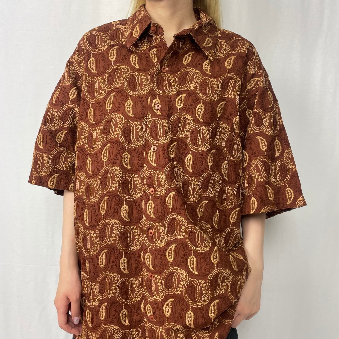 総刺繍 ペイズリー柄 コットン 総柄シャツ メンズXL相当 古着 ブラウン 