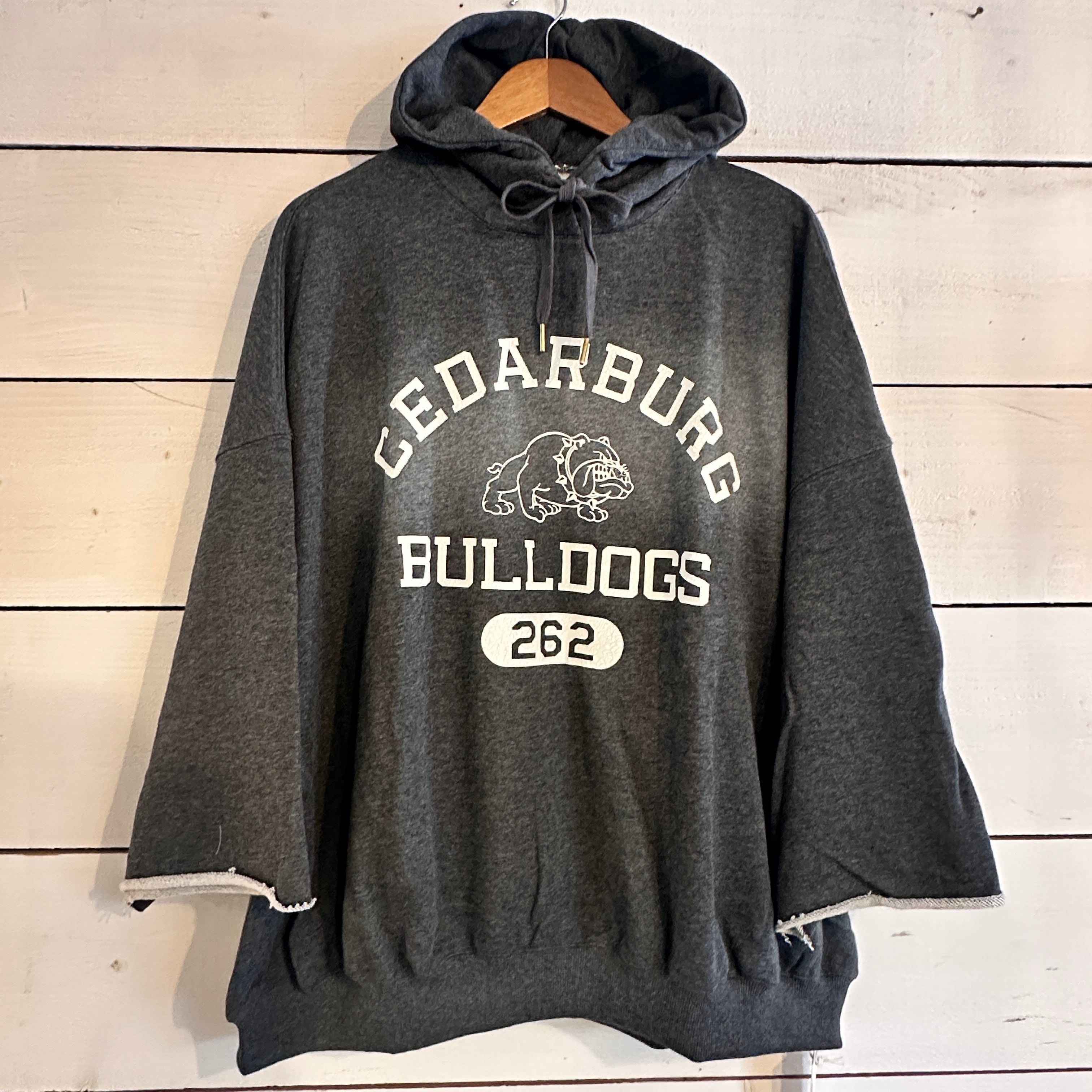 裏毛スウェット 袖切りっぱなし カレッジロゴ ブルドック パーカー  2711