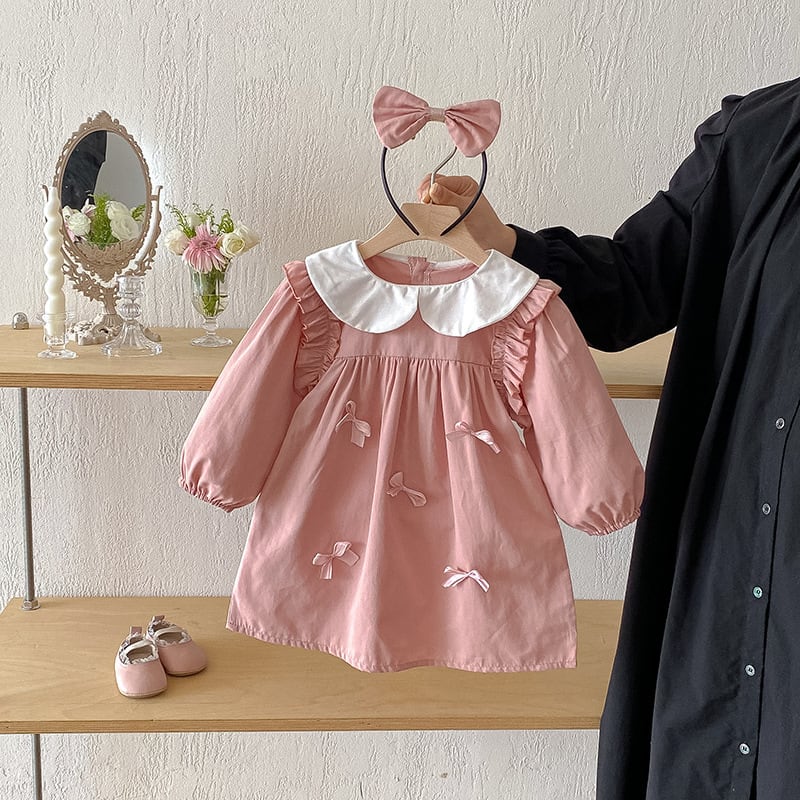 リボンが可愛い ピンクの姉妹おそろい長袖ロンパース/ワンピース