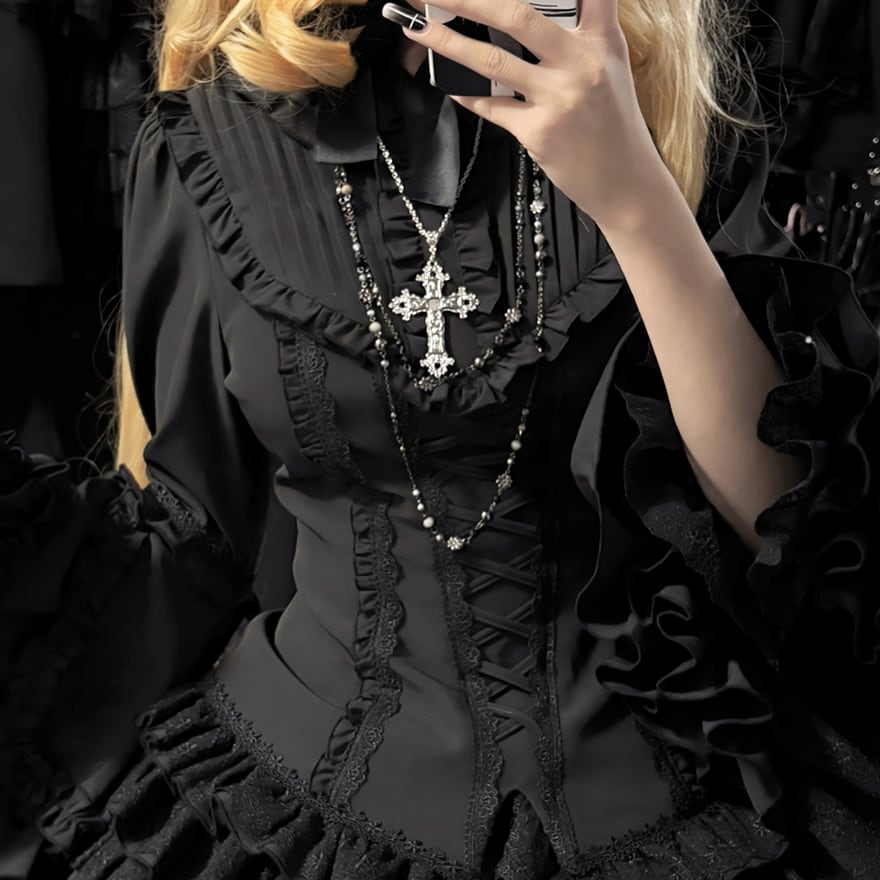 ゴスロリ 姫袖シャツ 黒シャツ ネックリボン付き レースアップ フリル