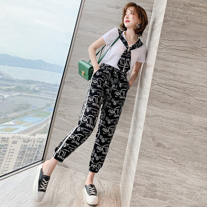 プリント柄Vネック半袖スリーブTシャツ ウェストレギンス パンツ セット ショート ハーフスリーブ MIUCO1150224494