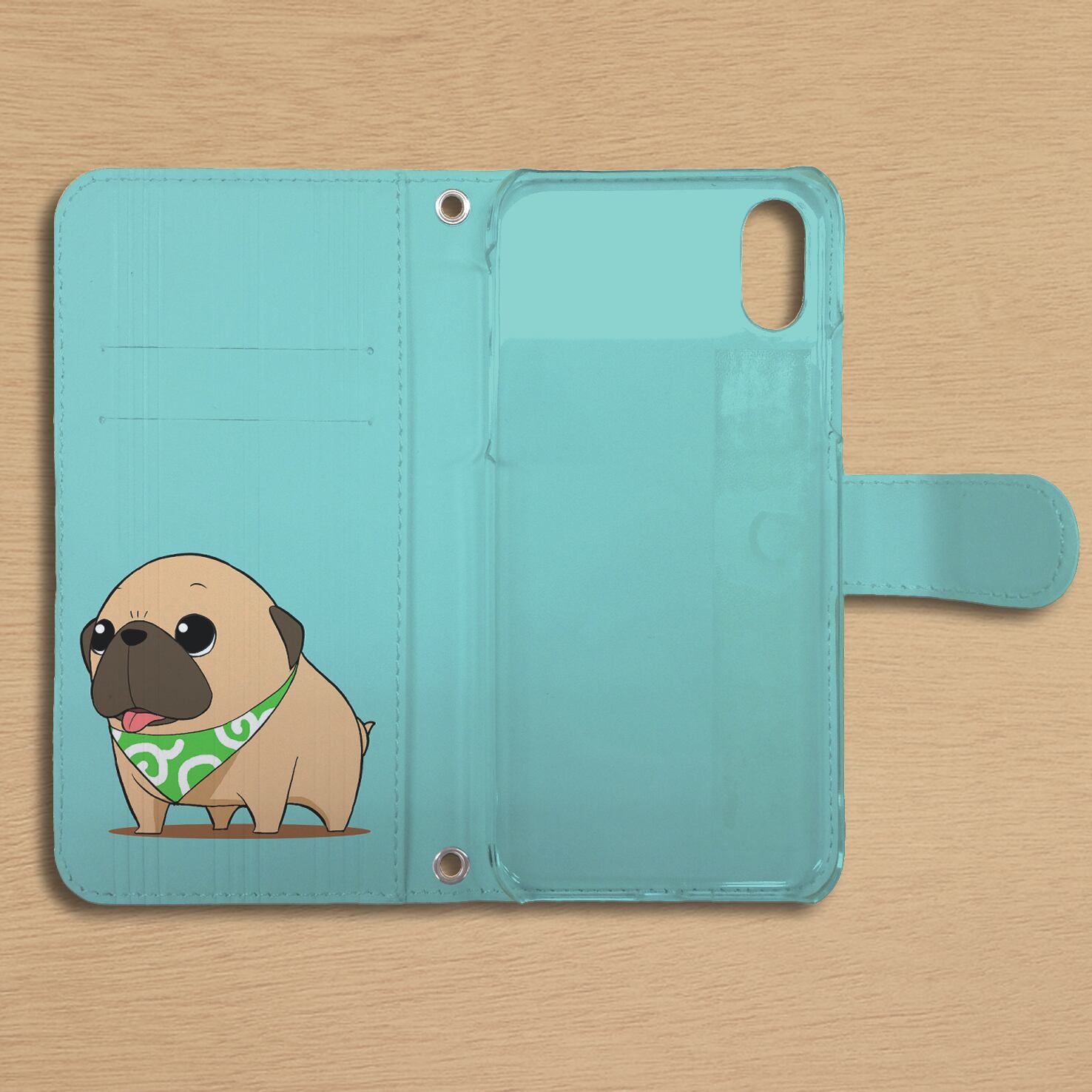 スタンド付き 両面印刷 手帳型 iphone/Androidケース かわいいパグ③ フォーン・黒パグ