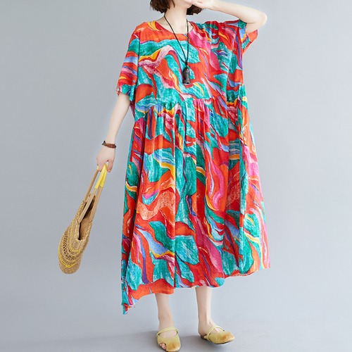 ロングワンピース レディース ラウンドネック ミモレ丈 5分袖 半袖 体型カバー ゆったり プルオーバー ロングワンピース レディース ロング丈 ラウンドネック ミモレ丈 5分袖 半袖 体型カバー