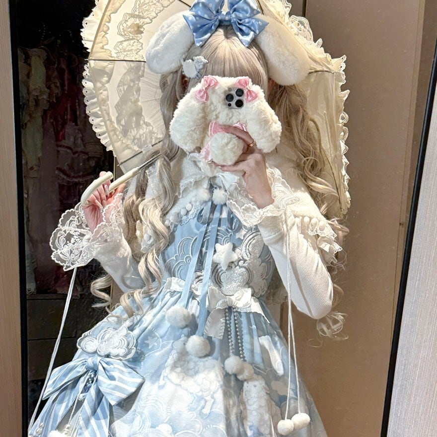 甘ロリ｜雲モチーフJSK＋ブラウス＋ケープ3点セット（ブルー）撮影会