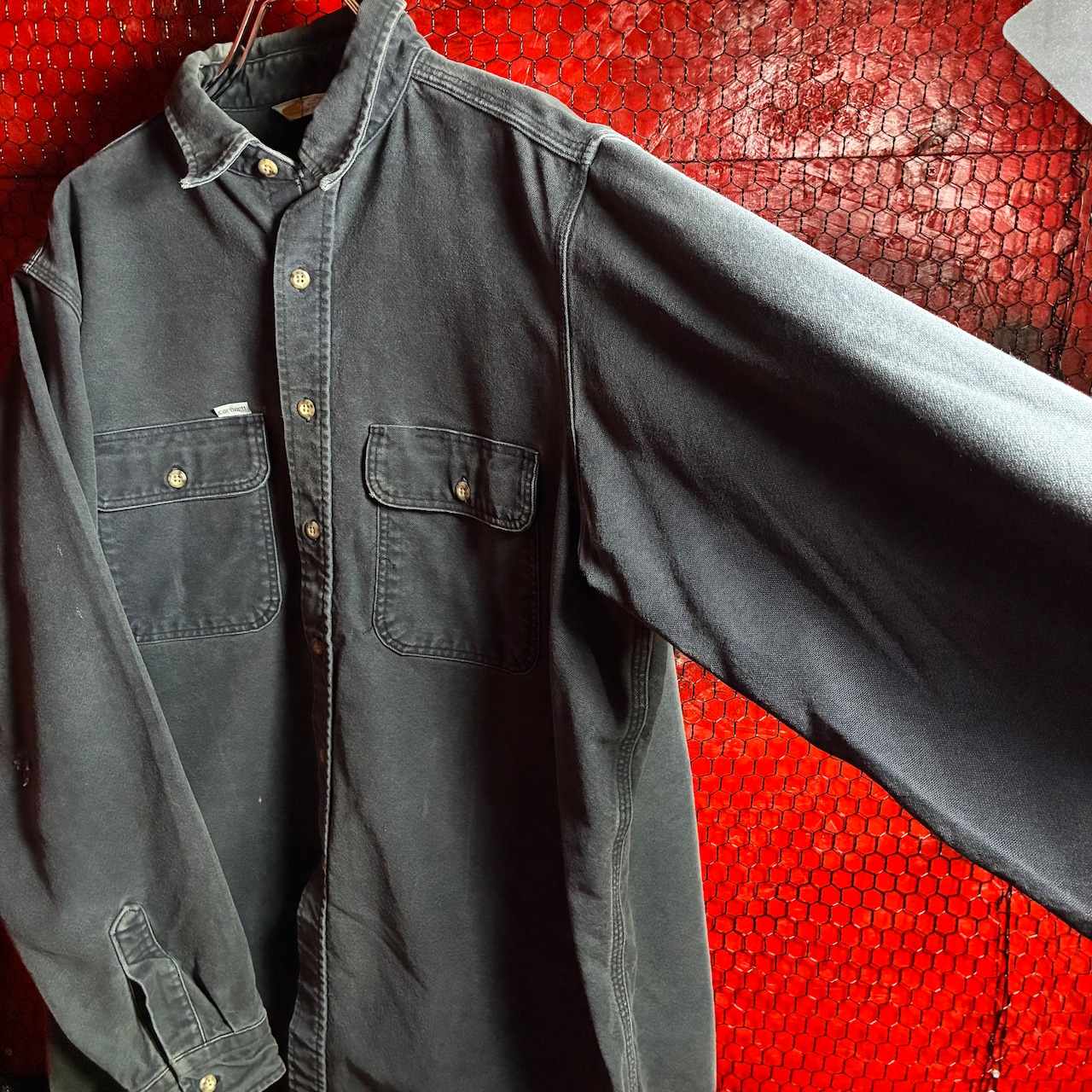 90s Carhartt ダックシャツ 長袖シャツ ワークシャツ フェードブラック カーハート