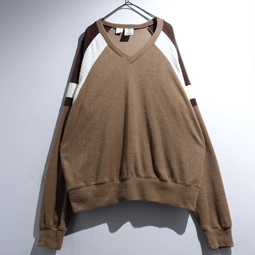 70s "Alfie" Multicolor Switching Design Pile V-neck Sweat