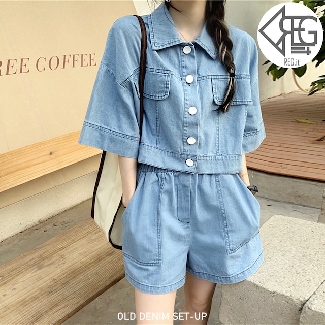 【REGIT】【即納】OLD DENIM SET-UP-SKY BLUE S/S 韓国ファッション トップス シャツ ジャケット 半袖 ハーフ パンツ デニム ジーンズ 古着風 個性的 セットコーデ 10代 20代 着映え ネット通販 TPJ002 BHC007