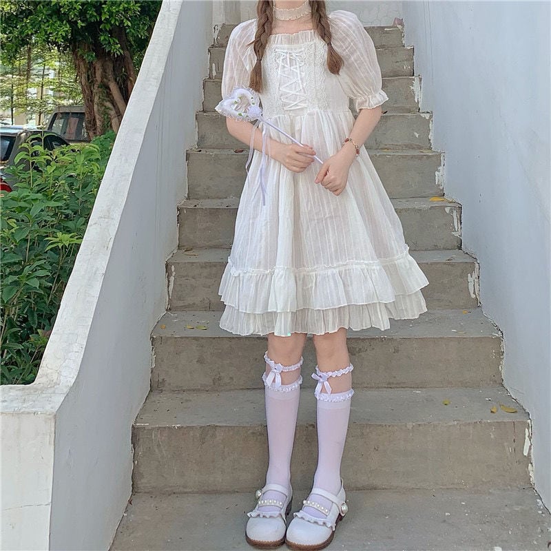 甘いロリータOPドレス白い牛柄ポリエステル半袖甘いロリータワンピース