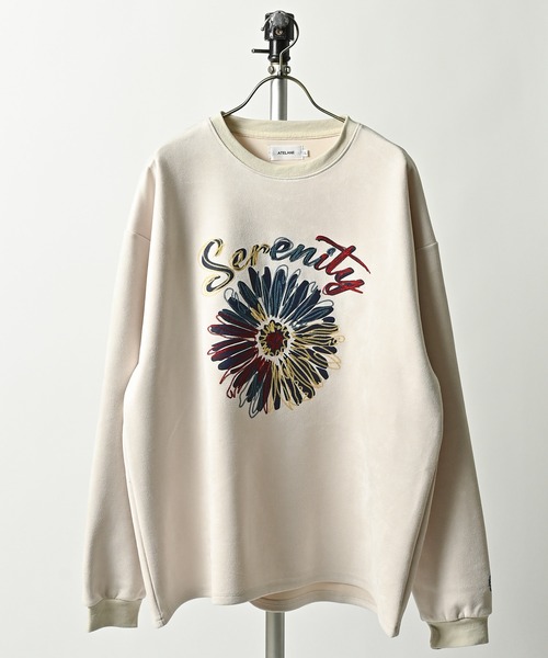 ATELANE Faux suede flower embroidered crew neck (IVO) 26A-14010