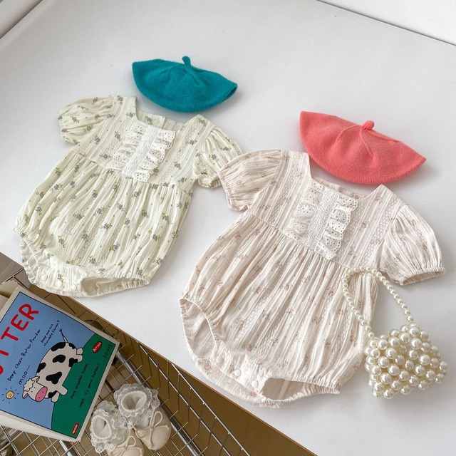 【BABY】ローズレーススクエアネック小花柄半袖ロンパース - 3