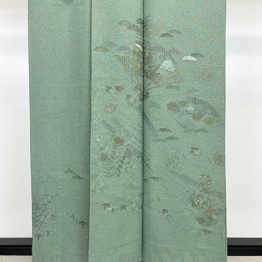 付下げ 中国総刺繍 扇に四季の花柄模様 雪輪に亀甲 金糸 錆青磁色 K  