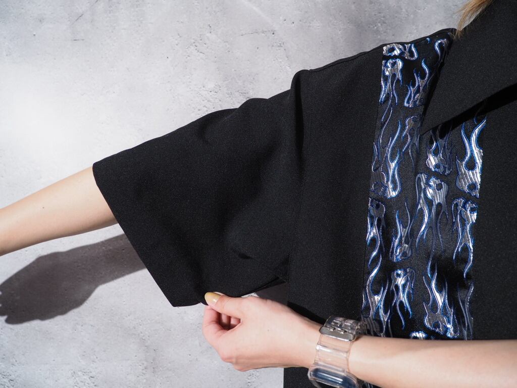 Skull × flame pattern satin switching open callar ss shirt