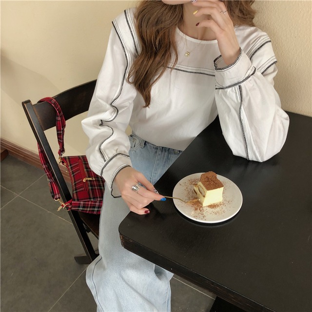 トップス レディース 送料無料 シャツ ブラウス  ステッチ 刺繍 バイカラー セーラーカラー ビッグカラ― 無地 単色 フリル ゆったり ゆる 大きめ 楽ちん パフスリーブ バルーンスリーブ バブルスリーブ ボリューム袖 長袖 プルオーバー シンプル 大人可愛い 大人女子 上品 エレガント かわいい ふんわり 透け感 抜け感 こなれ感 お洒落 カジュアル ラフ おしゃれ きれいめ 涼し 10代 20代 30代 通学 学生 春服 夏服 普段使い 着回し デート おでかけ モテ