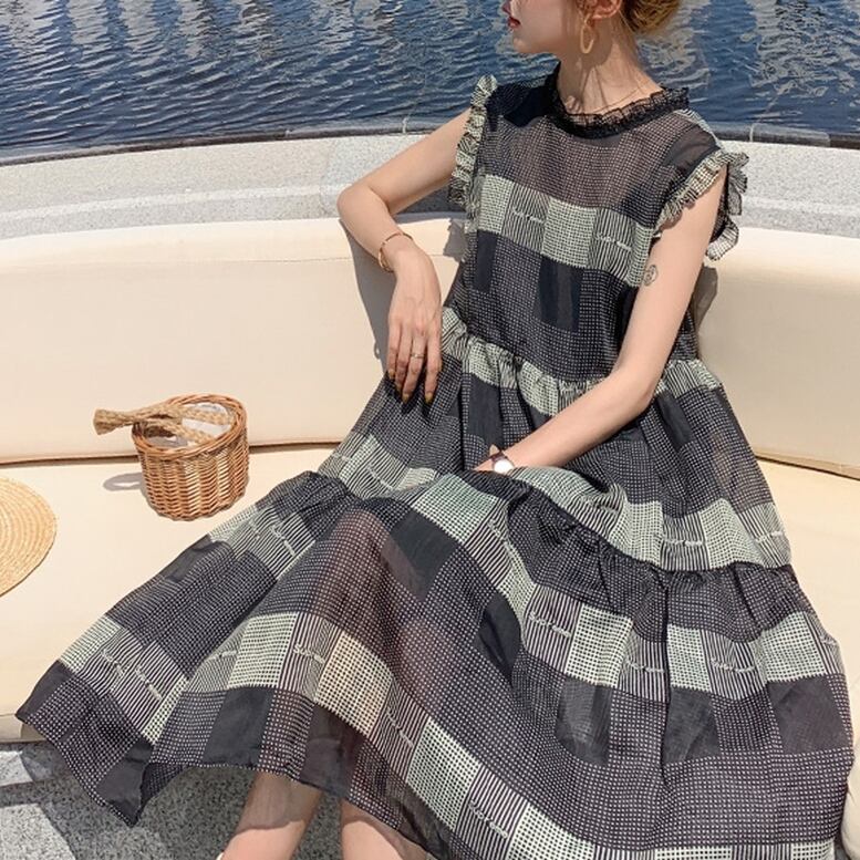 シア チェックワンピース ノースリーブ フレア フリル モノトーン 可愛い Graces By Yuu