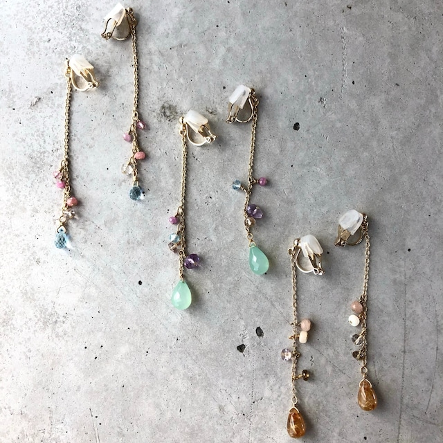 【LE-15BR】Natural stone long earring 　Aブルートパーズ　Bクリソプレーズ　C ルチルクォーツ