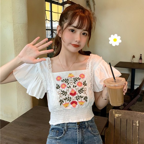 ✞ シャツブラウス刺繍レーススリーブ スウィート フラワーデザイン ✞ゴスロリ SM ミリ 甘ロリ クラロリ 和ロリ エレガント 黒ロリ 姫ロリ 華ロリ BB-BB5871093