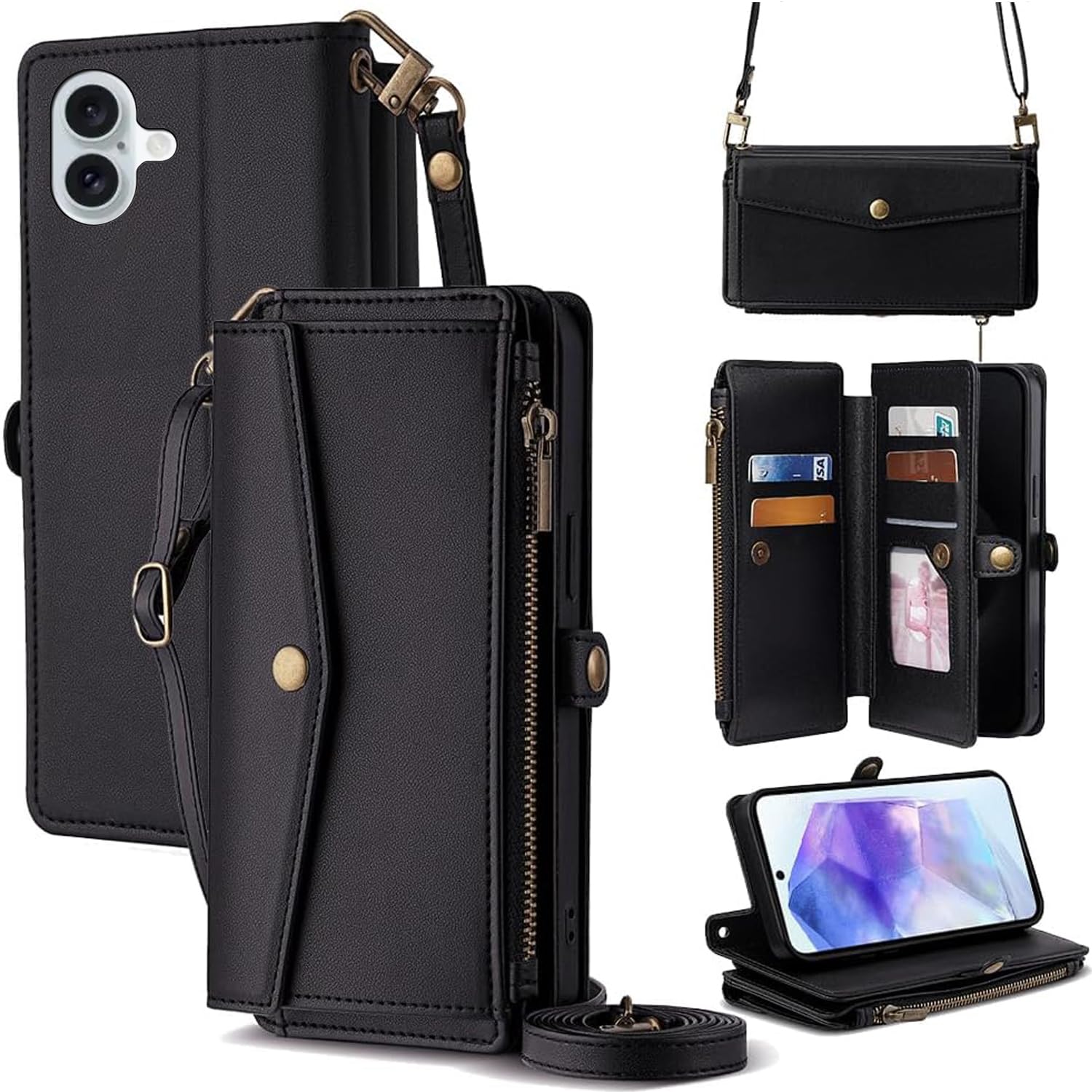 For iPhone 16 ケース 財布型 For アイフォン16 手帳型 ショルダー ストラップ長+短2本 5枚カード収納 1枚の写真収納スタンド機能 1枚の現金収納 1つのジッパーポケット 防落・防コケ・防ひび PUレザー プレゼント COCOCLOUD ブラック01