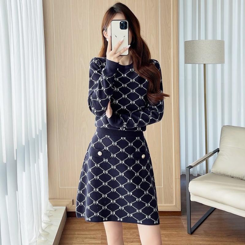 【set】ジャカードニットトップス×ストレートスカートセット Q7297