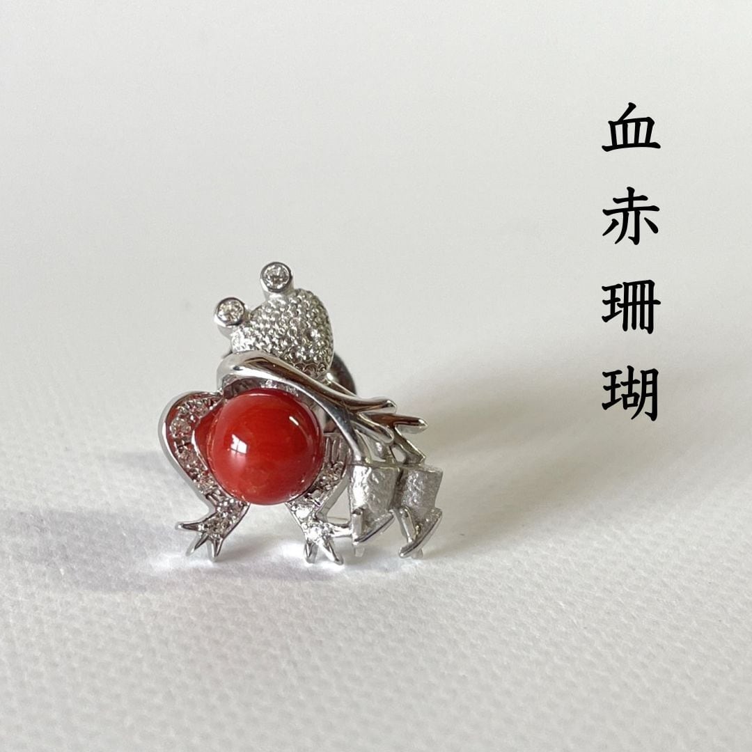 幸福の象徴｜血赤珊瑚とカエルのピンタックブローチ SV | ワールド