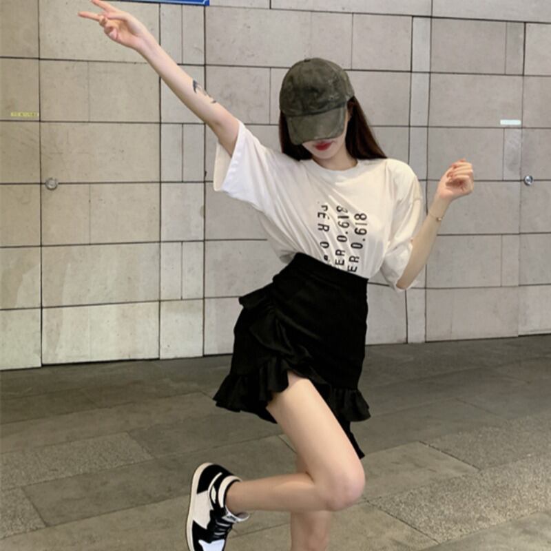 ラッフルスカート ハイウェストウェスト薄手ブラックサマーAライン 夏物 ブラックストロベリース17095036227