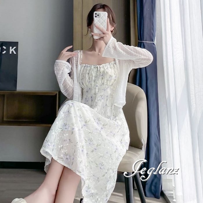 セットアップ 2点 透け感 カーディガン 花柄 キャミ ワンピース 3色(M6157)ικ