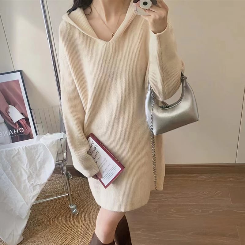 【dress】フード付きニットワンピース Q6576