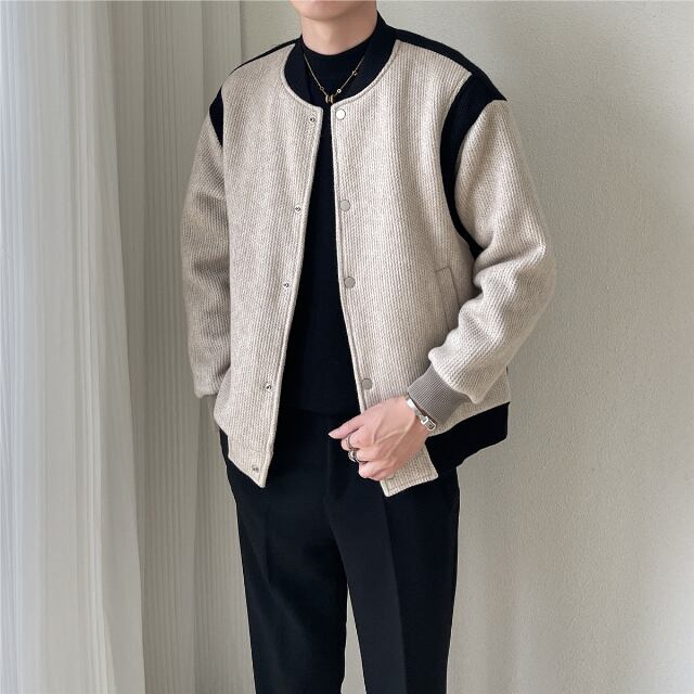 【予約販売】ブルゾン ニット アウター カジュアル ベージュ グレー 冬 ジャケット ショート丈 メンズ ベーシック 男前 こなれ感 お洒落 韓国 トレンド 秋 冬 M/L/XL/2XL/3XL