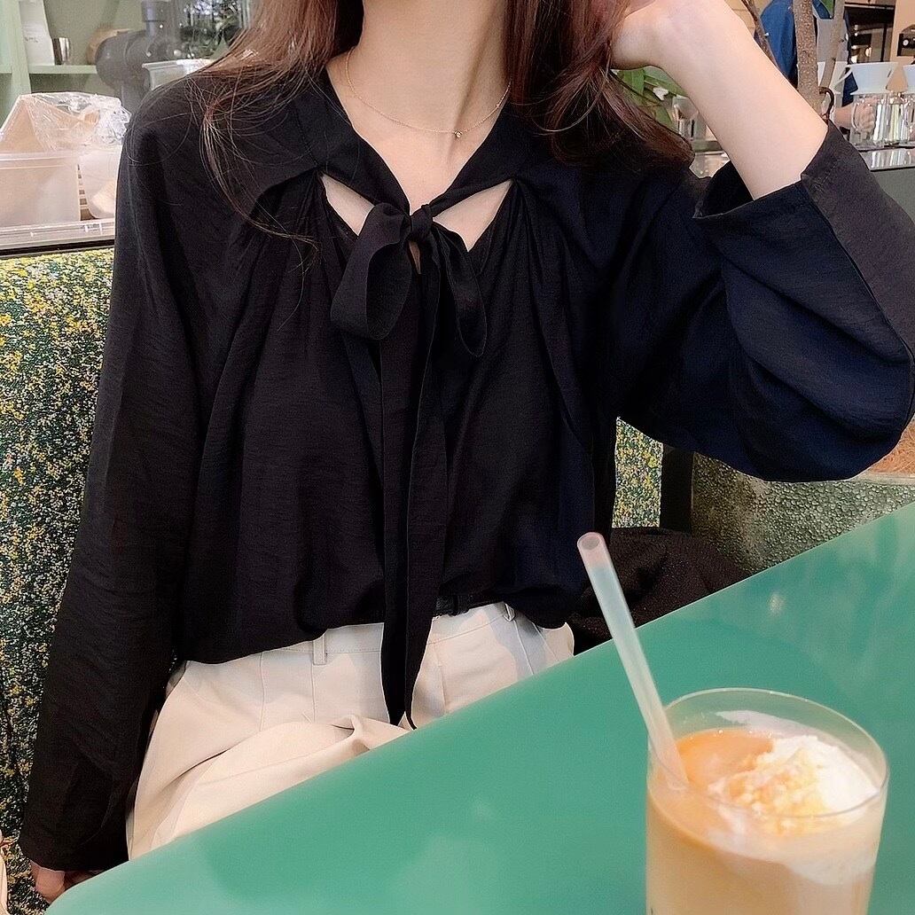 Ribbon tie blouse / black (10月上旬〜中旬頃発送予定)
