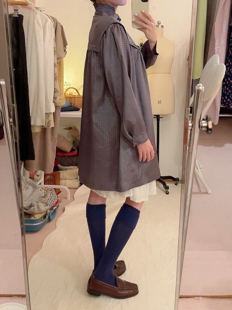 blue gray check long blouse