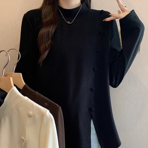 3色／サイドボタンハイネックトップス ・73798