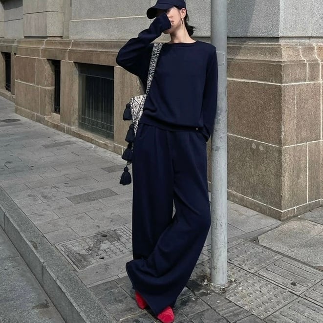 ウール ラウンドネック ニットセーター・パンツ2点セット YH9745