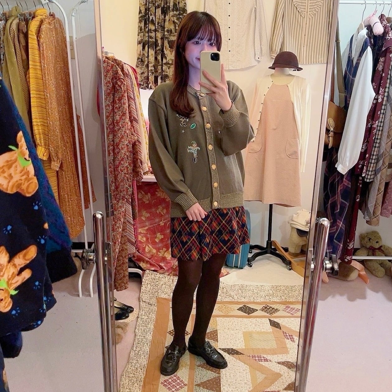 navy orange check mini tuck skirt