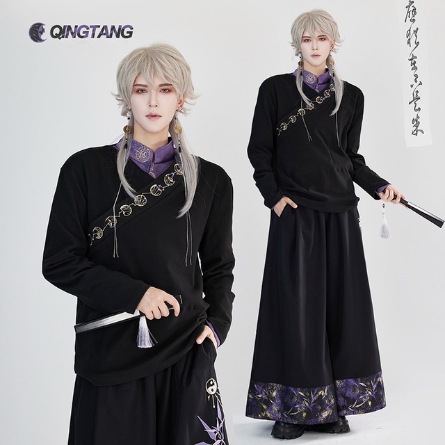 【卿棠---月相シリーズ】★チャイナ風トップス★ Vネック 刺繍 長袖 男女兼用 メンズ 漢服トップス ブラック 黒い