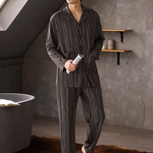 【men's】【M-XL】 monotone stripe pattern cardigan style pair pajamas p1006