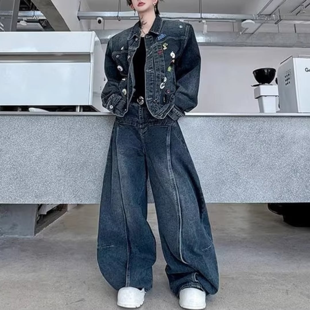 デニムメタルバッジ装飾ジャケット&パンツワイドレッグパンツセットアップ D11913